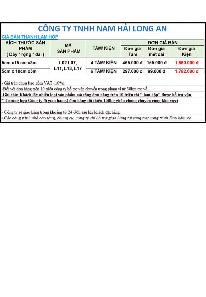 BÁO GIÁ THANH LAM HỘP