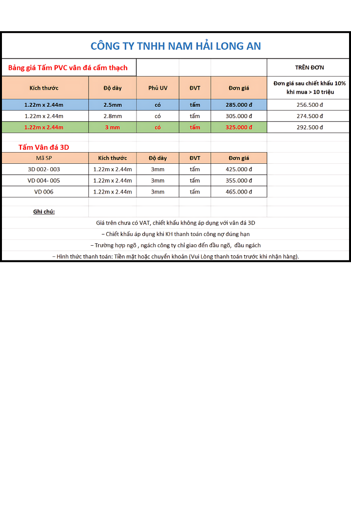 BẢNG GIÁ PVC VÂN ĐÁ CẨM THẠCH