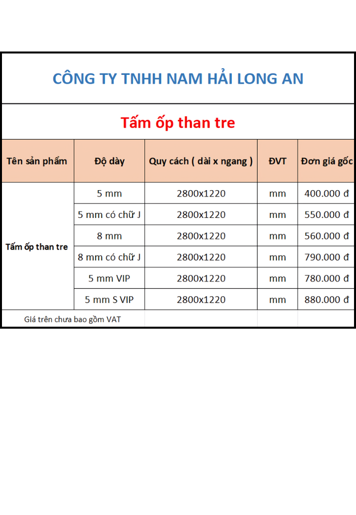 BẢNG GIÁ TẤM ỐP THAN TRE